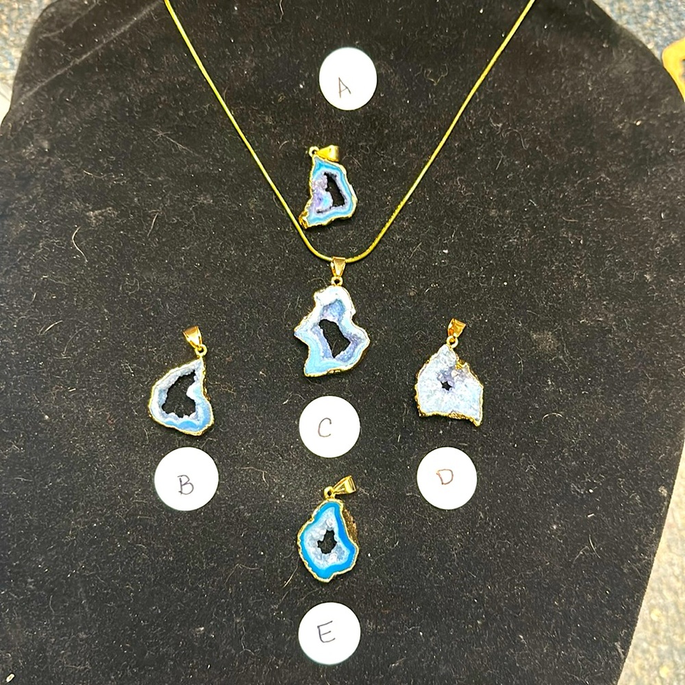 Blue geode sliced  agate druzy pendants gold metal lined